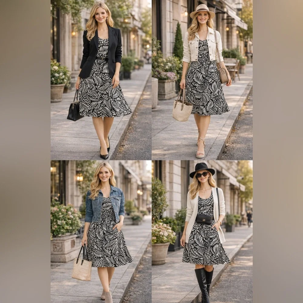 LOFT Black and White Floral Midi Fit-and-Flare Dress - Picture 2 of 7